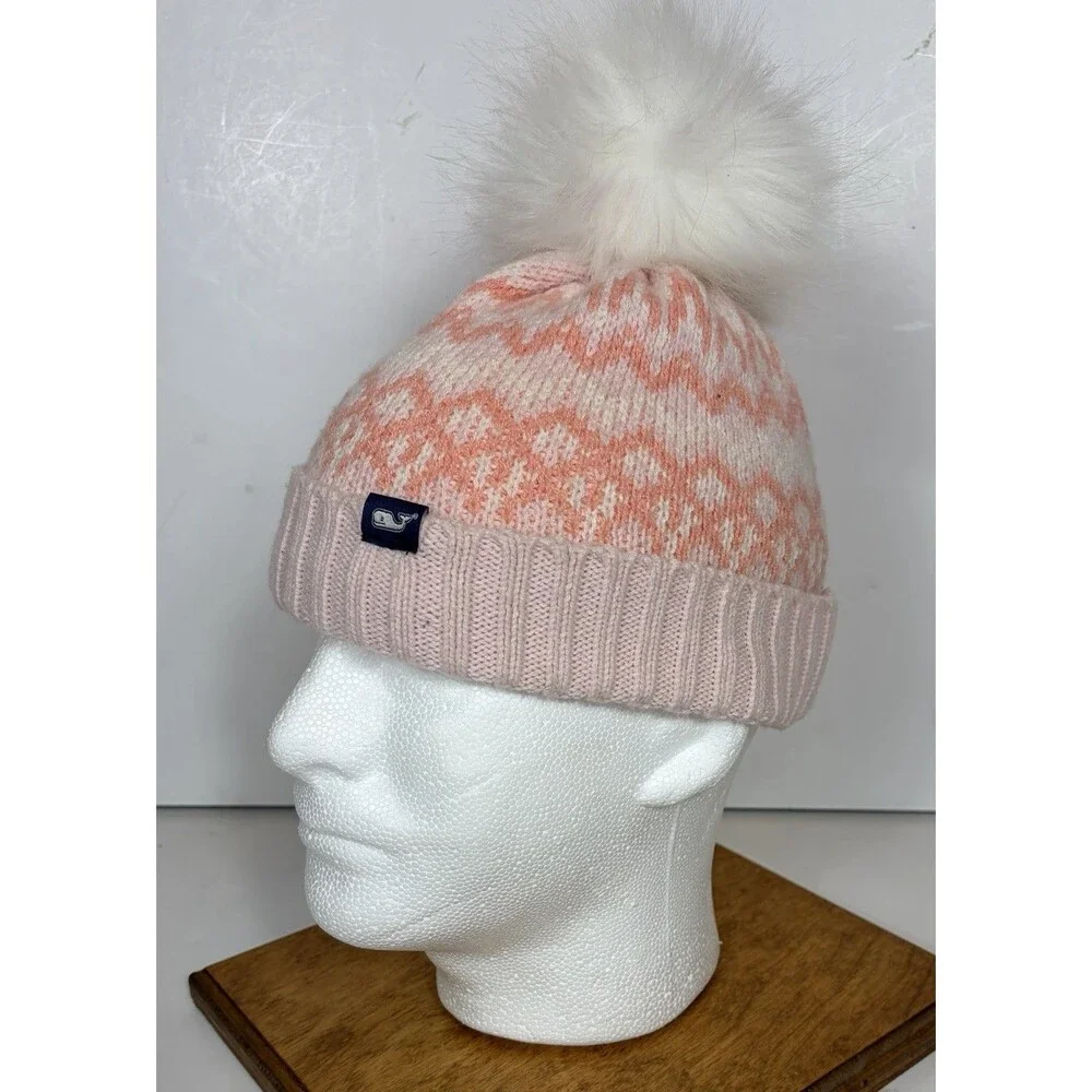 Vineyard Vines Fair Isle Print Pom Pom Beanie Pink Girls Youth One Size